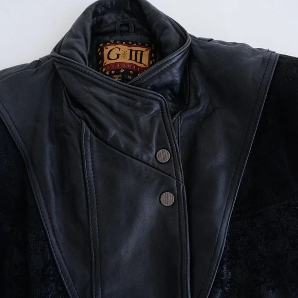 Vintage Giii Black Leather &  Suede Floral Design Zip Up Bomber Jacket Medium - Picture 11 of 15